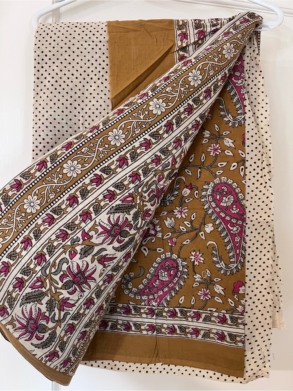 Handblock Printed Cotton Saree in Mustard and Pink